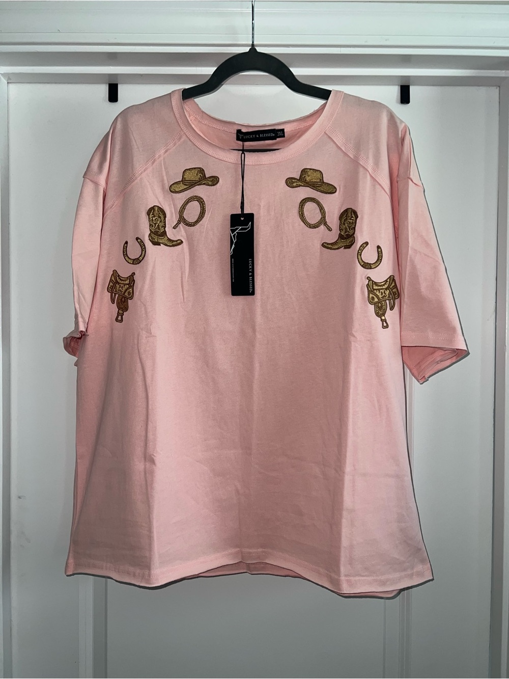 Lucky & Blessed 3x Pink Embroidered Western-Accent Tee